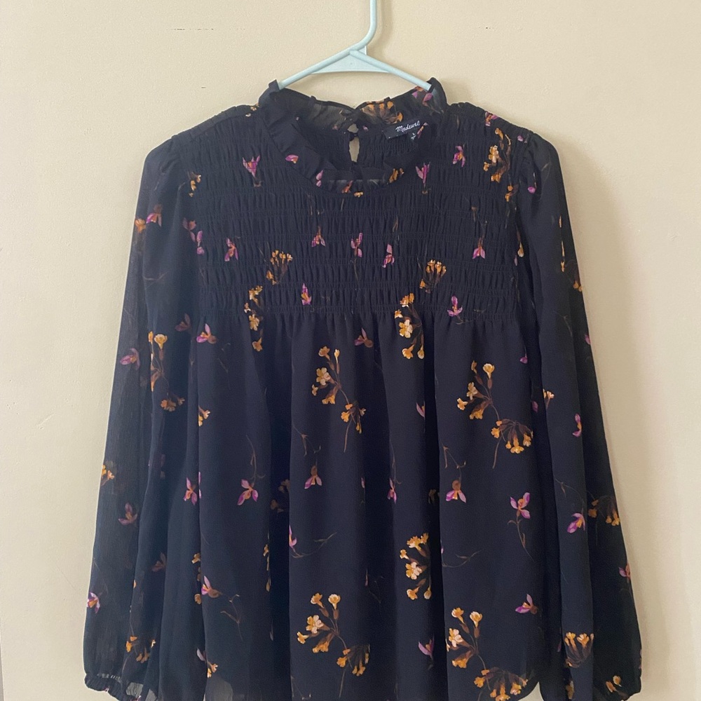 Madewell Black Blouse with Floral Accents
